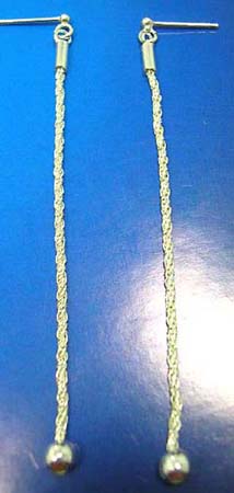  sterling silver stud earring with long twisted chain holding a pearl bead on bottom