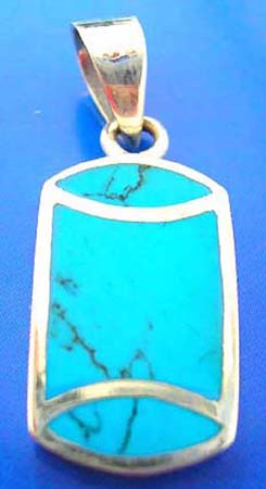  blue genuine turquoise semi precious stone inlaid sterling silver 925 thailand made pendant with curve top and bottom